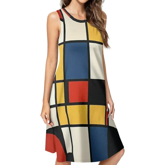 Mondrian Inspired（19） Spring Summer Dresses for Women Fashion T-shirt Dress Casual Sleeveless Loose Sundress with Pockets