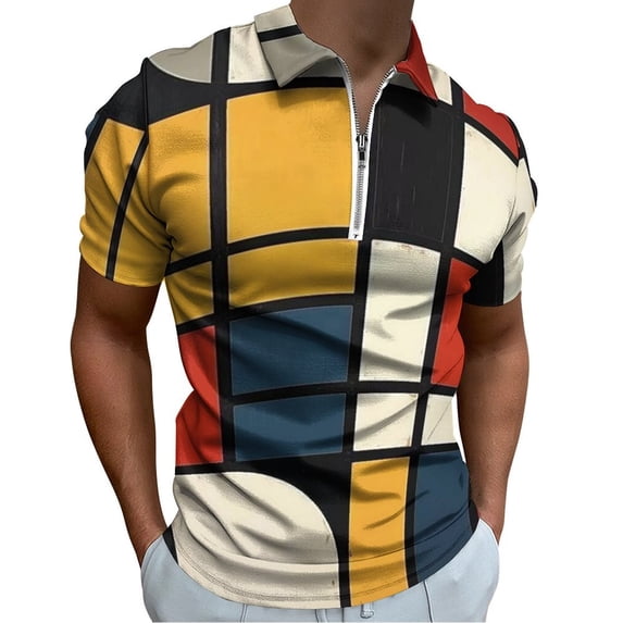 Mondrian Inspired(20) Men Zipper T-shirt Summer Casual Short Sleeve T-shirt Top