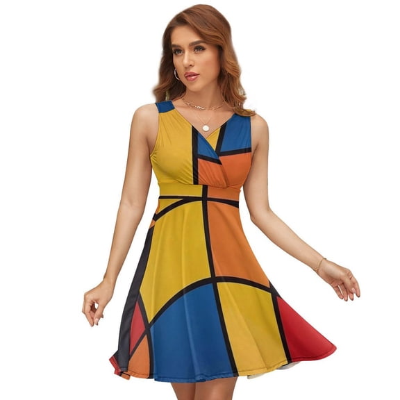 Mondrian Inspired（3） Dress Fashion Beach Long Dresses Female Party Printed Sundress