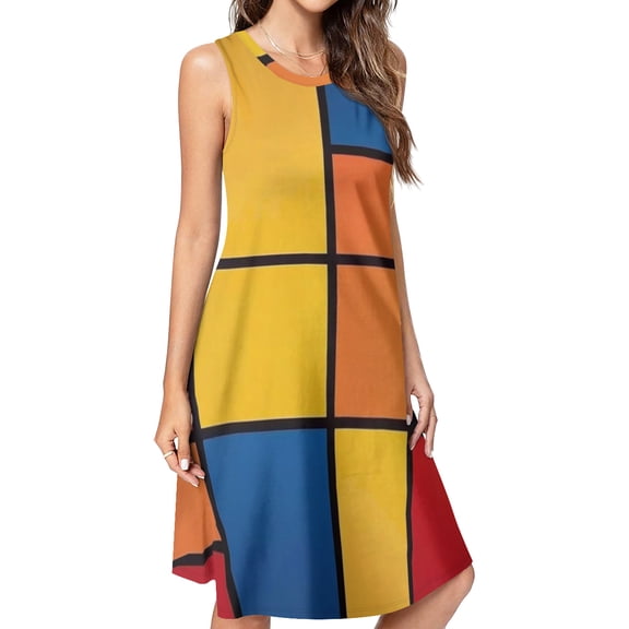 Mondrian Inspired（3） Spring Summer Dresses for Women Fashion T-shirt Dress Casual Sleeveless Loose Sundress with Pockets