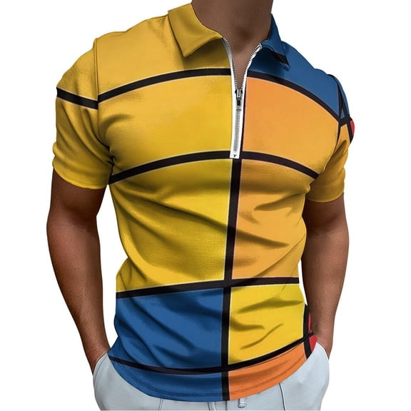 Mondrian Inspired（5） Men Zipper T-shirt Summer Casual Short Sleeve T-shirt Top