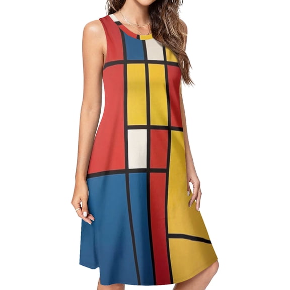Mondrian Inspired（6） Spring Summer Dresses for Women Fashion T-shirt Dress Casual Sleeveless Loose Sundress with Pockets