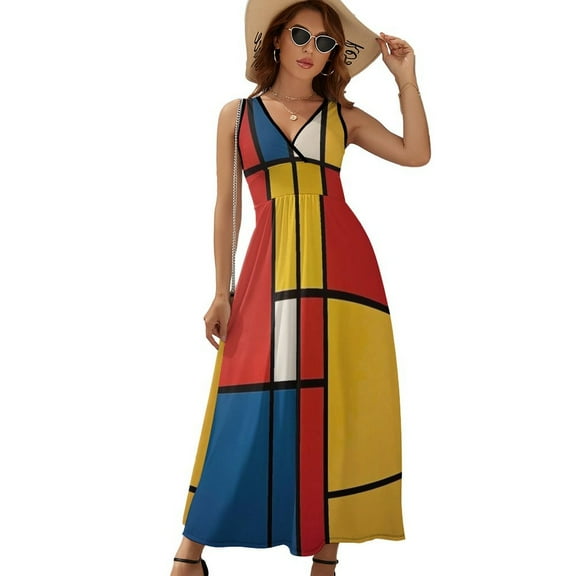 Mondrian Inspired（6） Womens Night Club Maxi Dress V Neck Sleeveless Bohemia Long Dresses