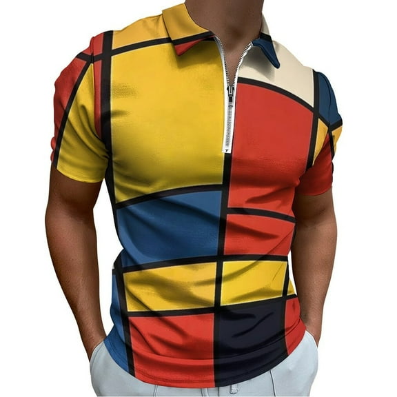 Mondrian Inspired（7） Men Zipper T-shirt Summer Casual Short Sleeve T-shirt Top