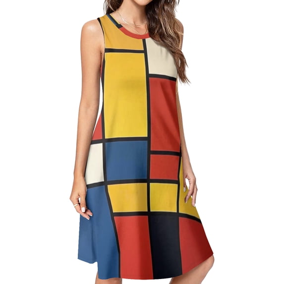 Mondrian Inspired(7) Spring Summer Dresses for Women Fashion T-shirt Dress Casual Sleeveless Loose Sundress with Pockets