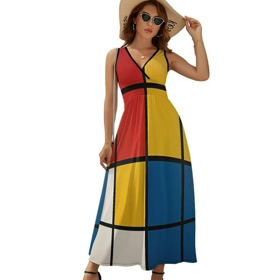 Mondrian Inspired（8） Dress Summer Street Style Bohemia Long Dresses Female Sleeveless Printed Maxi Dress