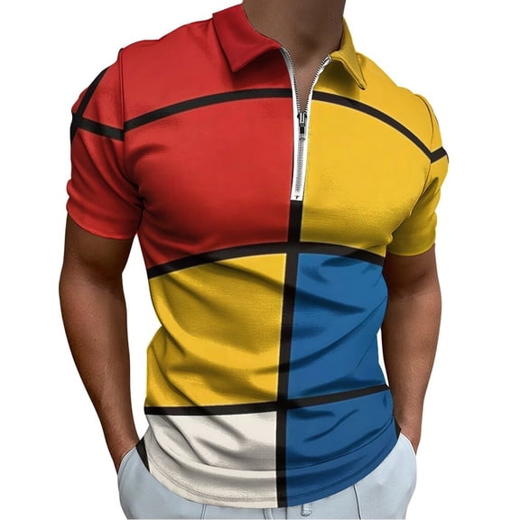 Mondrian Inspired（8） Men Zipper T-shirt Summer Casual Short Sleeve T-shirt Top