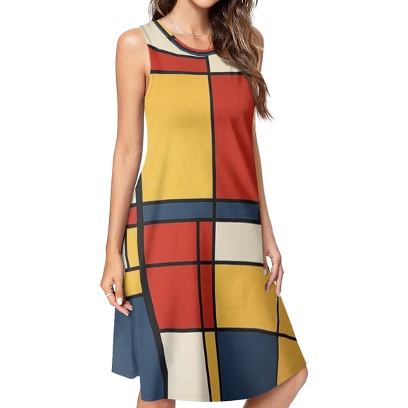 Mondrian Inspired（9） Spring Summer Dresses for Women Fashion T-shirt Dress Casual Sleeveless Loose Sundress with Pockets