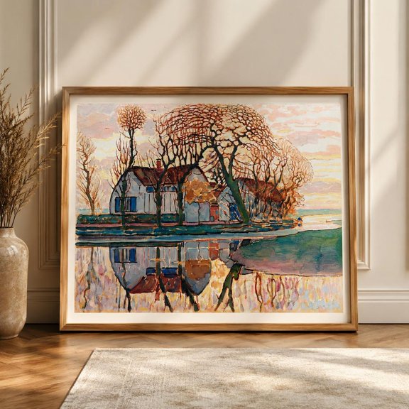 Mondrian Landscape Dutch Cottage Reflections Impressionist Rustic Landscape Farmhouse Country Nature Wall Decor Unframed Paper Print