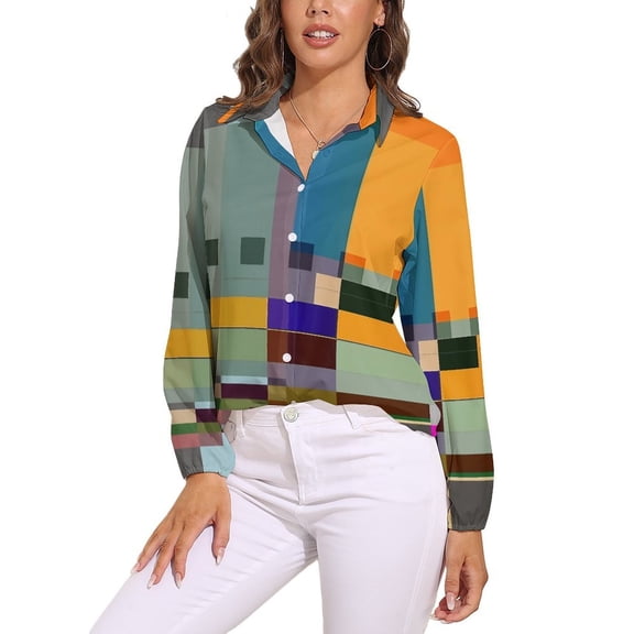 Mondrian Long Sleeve Blouse Woman Streetwear Casual Shirts Summer Oversize Woman Streetwear Clothing Birthday Present