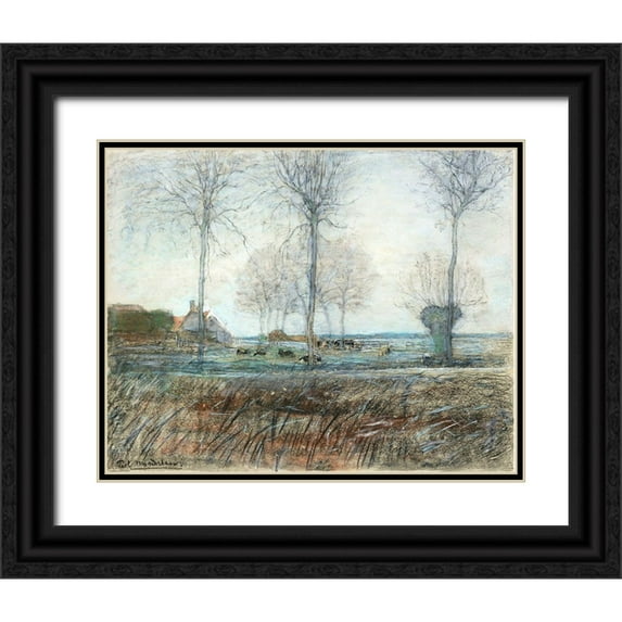 Mondrian, Piet 32x26 Black Ornate Wood Framed with Double Matting Museum Art Print Titled - Farm Setting-Three Tall Trees in the Foreground