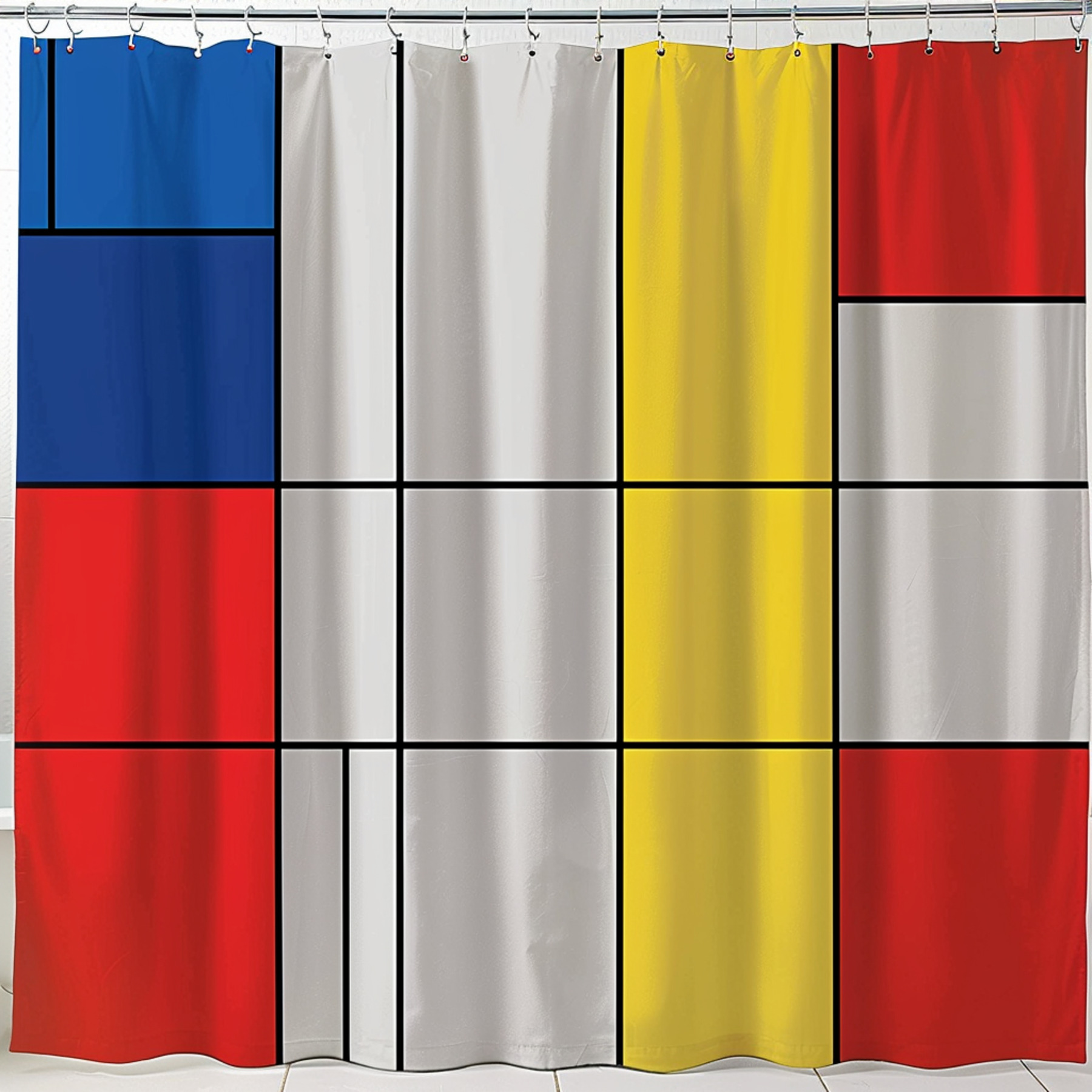 Mondrian Style Bathroom Curtain with Red Blue Yellow and Gray Colors
