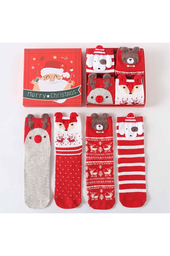 1 Box of 4 Pairs Christmas Socks for Womens Winter Warm Floor Socks Cotton Fuzzy Socks Christmas Stocking and New Year Gift for Girls M01
