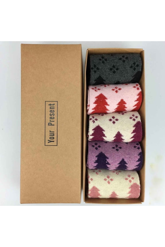 1 Box of 5 Pairs Christmas Socks for Womens Cotton Fuzzy Socks Winter Warm Floor Socks Christmas Stocking and New Year Gift for Girls M01