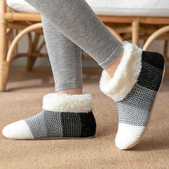 Monebena 1 Pairs Womens Indoor Thermal Socks Fleece-Lined Floor Socks Non-Slip Stocking Winter Warm Thicken Fuzzy Socks M01