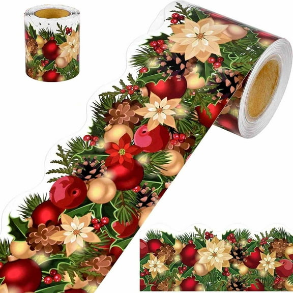Monebena 1 Roll Christmas Bulletin Board Borders, Poinsettias Pine Cones Pine Needles Trim Border for Christmas Home Office and Classroom Decoration M01