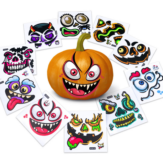 Monebena 10 Sheets Halloween Pumpkin Decorating Stickers Pumpkin Face Stickers for Decorations Halloween Face Stickers Pumpkin Stickers Halloween Party Supplies Party Gifts for Kids Toddlers M01
