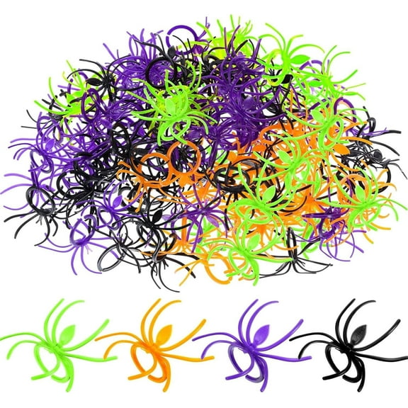 Monebena 100 Pieces Spider Rings Plastic Cupcake Topper Halloween Party Favors (Multicolor)