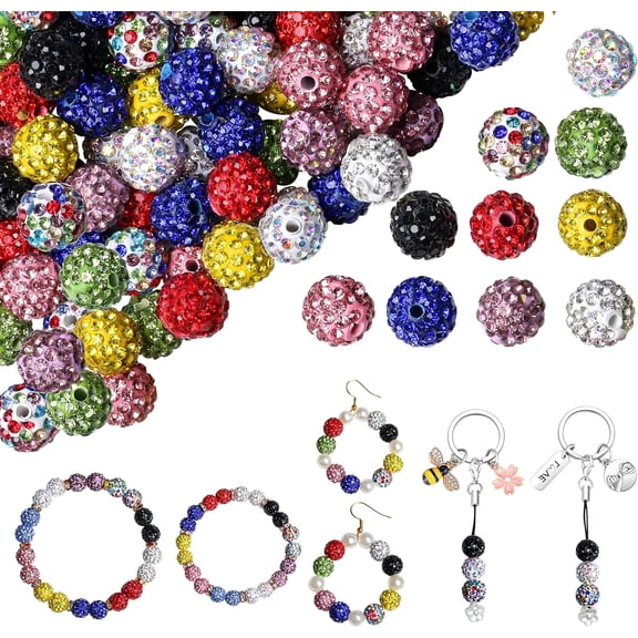 Monebena 100PCS 10mm Rhinestone Beads for Jewelry Making, Mixed Color Sparkle Crystal Clay Beads for Crafting,Shamballa Diamond Beads Bulk,Disco Ball Beads for Pen Bracelet Earring Baseball M01