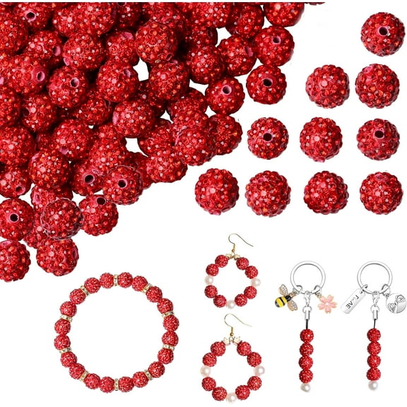 Monebena 100PCS 10mm Rhinestone Beads for Jewelry Making, Red Sparkle Crystal Clay Beads for Crafting,Shamballa Diamond Beads Bulk,Disco Ball Beads for Pen Bracelet Earring Baseball M01