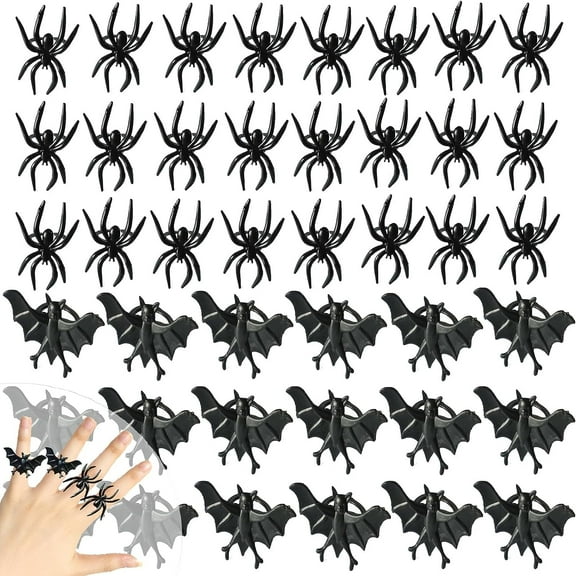Monebena 100Pcs Halloween Spider Bat Plastic Rings, Halloween Rings Bulk For Halloween Party Favors, Halloween Party Decoration