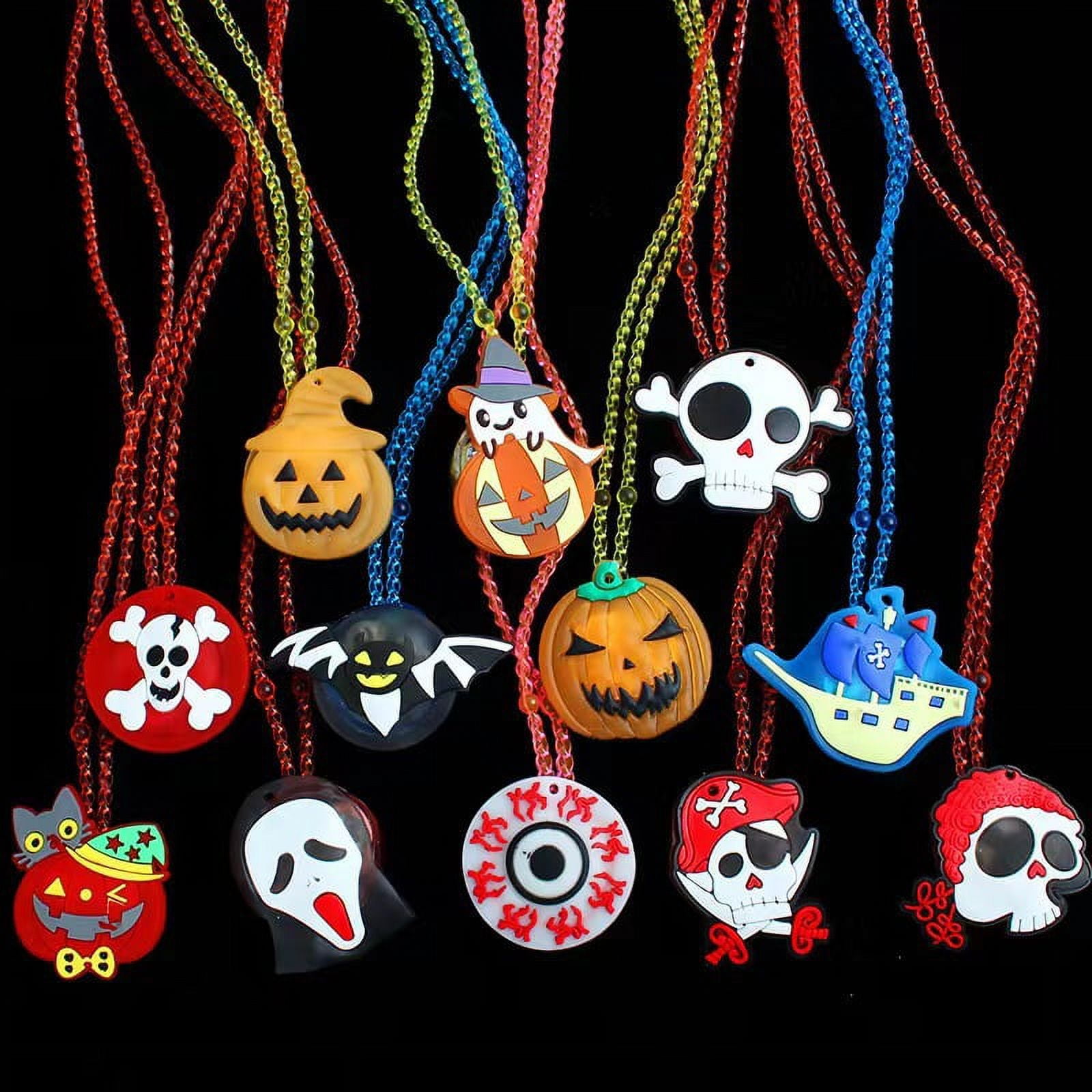 Monebena 12 pcs Halloween LED Necklace Bracelets Pumpkin Ghost Pirate Spider Eyeball Necklace Halloween Party Favor Light up Flashing Decoration Trick Treats Gift Bag Fillers for Women Men Family Pack