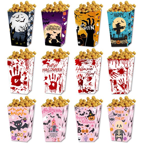 Monebena 12Pcs Halloween Supplies Theme Favor Boxes Halloween Popcorn Box Spooky Treat Boxes Scary Event Food Container Pop Corn Containers for Holloween and Events