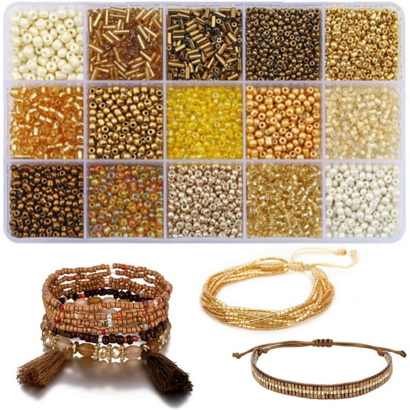 Monebena 15 Color 4mm Small Assorted Glass Seed Beads,3mm Bugle Beads Friendship Bracelet Kit,2mm Tiny Tube Beads for Jewelry Making(Gold Bead) M01