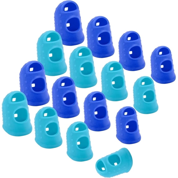 Monebena 16 Pcs Finger Tips, 4 Sizes Silicone Thimble Fingertip Grips Finger Protectors Pads Cover for Paper Sorting, Page Turning, Hand Sewing, Money Counting, Guitar Playing - Blue, Aqua