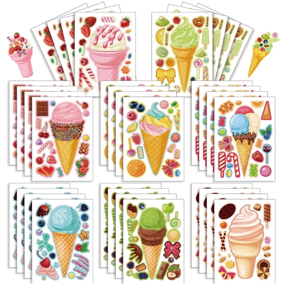 Monebena 16 Sheets Make Your Own Ice Cream Stickers for Kids Toddlers, Dessert Stickers Make-a-face Stickers for Kids Party Favors, Summer Theme Ice Cream Sticker for Hawaii Tropical Party