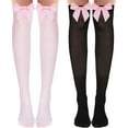 thumbnail image 1 of Monebena 2 Pairs Black Thigh High Socks with Bow, White Sheer Stockings with Pink Bow, Satin Bow Stockings Women Knee Highs Stockings for Girls, Over Knee Long Stockings with Pink Bows M01, 1 of 7