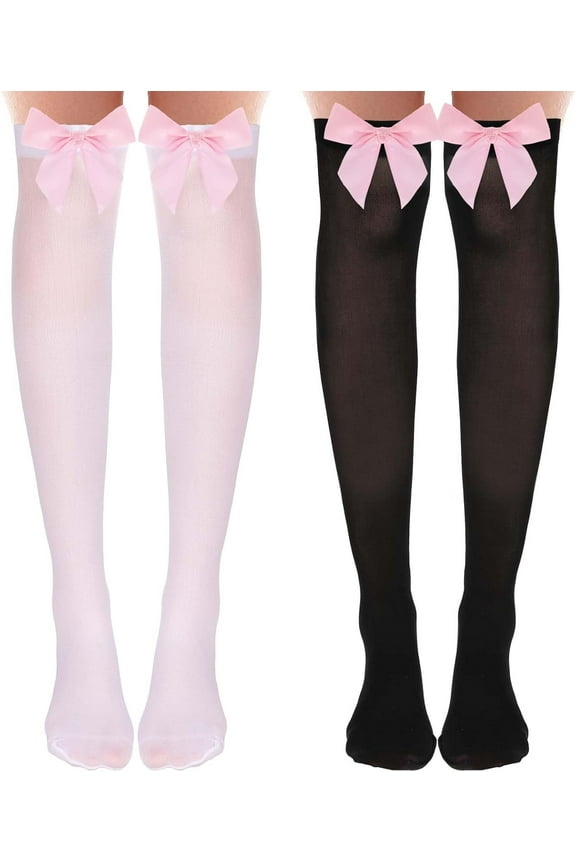 2 Pairs Black Thigh High Socks with Bow, White Sheer Stockings with Pink Bow, Satin Bow Stockings Women Knee Highs Stockings for Girls, Over Knee Long Stockings with Pink Bows M01