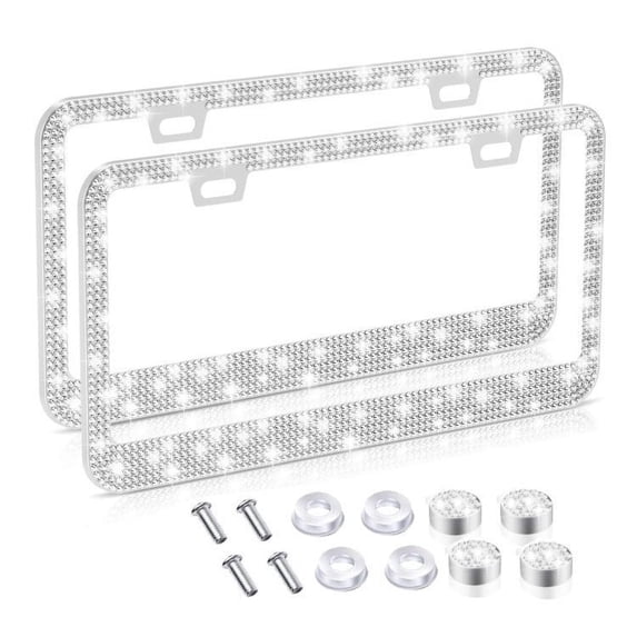 Monebena 2 Pcs License Plate Frame for Women, Premium Stainless Steel Rhinestone Car License Plate Holder, Handmade Glitter Crystal Diamond Girl License Plate Cover, White M01