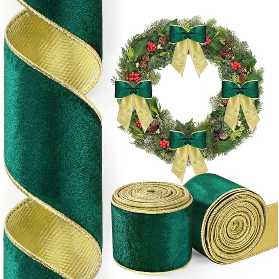 Monebena 2 Rolls/20 Yards Christmas Velvet Ribbon Green and Gold Reversible Wired Ribbon for Gift Wrapping Christmas Decorations Bow Wreath Making DIY Crafts, 2.5 inch M01