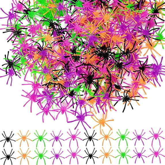 Monebena 200PCS Halloween Realistic Plastic Spiders 5 Colors Small Spider Toys Black Fake Spiders Prank Props for Halloween Home and Party Decorations (Multicolored) M01