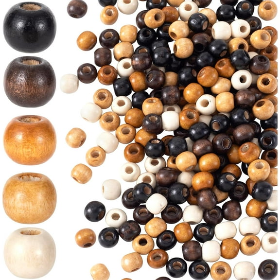 Monebena 200pcs Large Hole Wooden Beads for Crafts, Vintage Round Natural Wood Hair Bead, 5 Colors 9x10mm Wooden Loose Spacer Beads for Macrame Necklace Bracelet Hair DIY Craft Handmade Decor M01