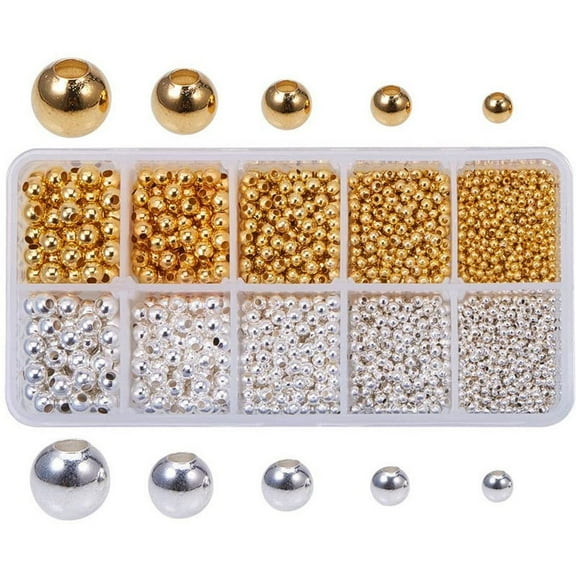 Monebena 2340 Pcs Gold/Sliver Beads Smooth Round Beads 2.4/3/4/5/6mm Gold Spacer Loose Ball Bead Kits Gold Filled Beads for Bracelet Jewelry Making M01