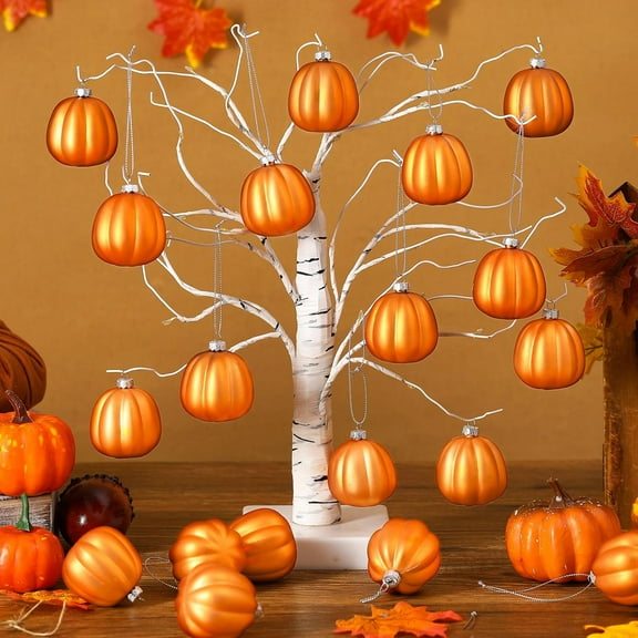 Monebena 24 Pcs Thanksgiving Pumpkin Hanging Ornament Mini Pumpkin Ball for Tree Halloween Candy Corn Hanging Tree Decor Farmhouse Rustic Pumpkins for Fall Xmas Tree Home Decor (Classic Pumpkin)