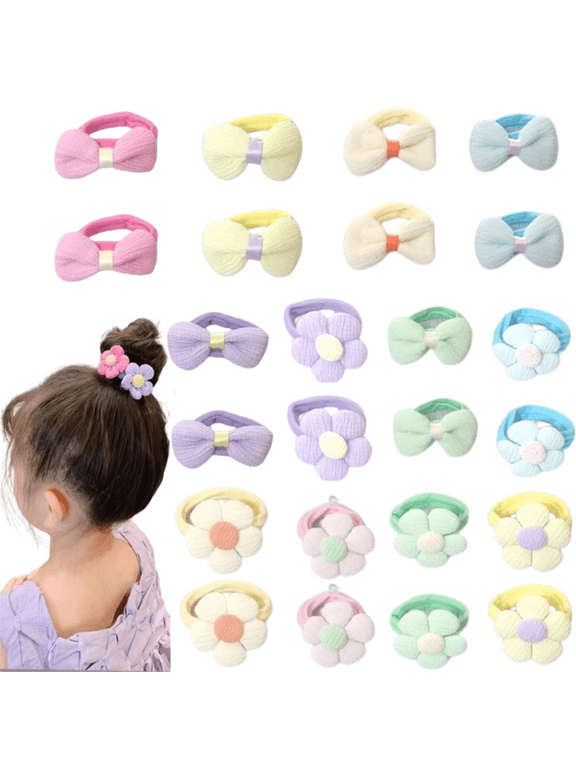 24 Pcs Toddle Hair Ties for Girls Baby hair tie Cute Flower Elastic Toddler Hair Ties Candy Bow Seamless Ponytail Holders Scrunchies Little girls Hair Accessories for Thick Hair
