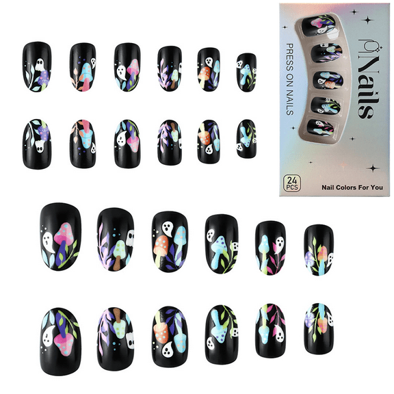 Monebena 24Pcs Halloween Press on Nails Short Fake Nails Acrylic Nails Press ons Glossy Glue on Nails Black False Nails with Ghost Mushrooms Designs Round Stick on Nails for Women