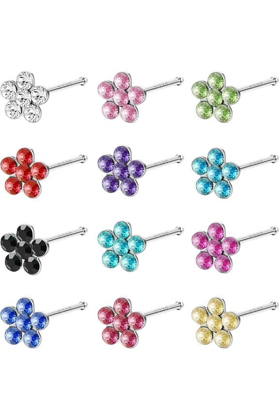 24Pcs Nose Studs for Women Men 925 Sterling Silver Inlaid 3MM Round Heart Flower Austrian Cubic Zirconia Nose Rings Stud Multicolor Nose Body Piercing Jewelry with Box