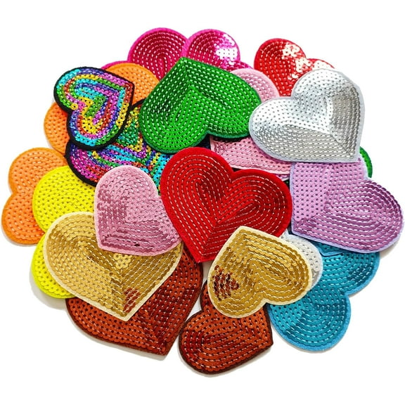 Monebena 28Pcs Sequin Heart Iron on Patches 2 Sizes Embroidery Heart Patches for Clothing Bags Jackets Jeans Hats Accessory Craft Christmas Decoration Multicolor M01