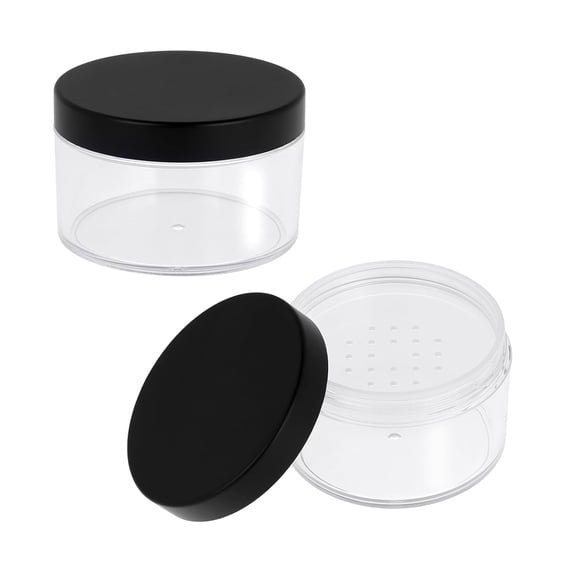 Monebena 2PCS 50ml/1.69oz Plastic Travel Powder Container Empty Large Loose Powder Compact Case Makeup Cosmetic Jar with Common Sifter and Black Screw Lid Refillable Powder Box No Leak Powder Holder