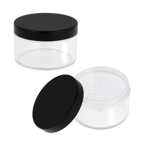Monebena 2PCS 50ml/1.69oz Plastic Travel Powder Container Empty Large Loose Powder Compact Case Makeup Cosmetic Jar with Common Sifter and Black Screw Lid Refillable Powder Box No Leak Powder Holder