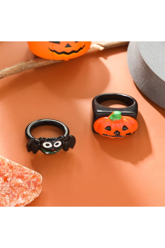 2Pcs Bat Pumpkin Rings Fashion Plastic Rings Finger Accessories for Birthday Halloween Christmas Jewelry Gift