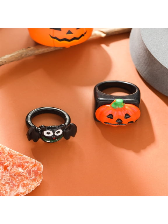 2Pcs Bat Pumpkin Rings Fashion Plastic Rings Finger Accessories for Birthday Halloween Christmas Jewelry Gift