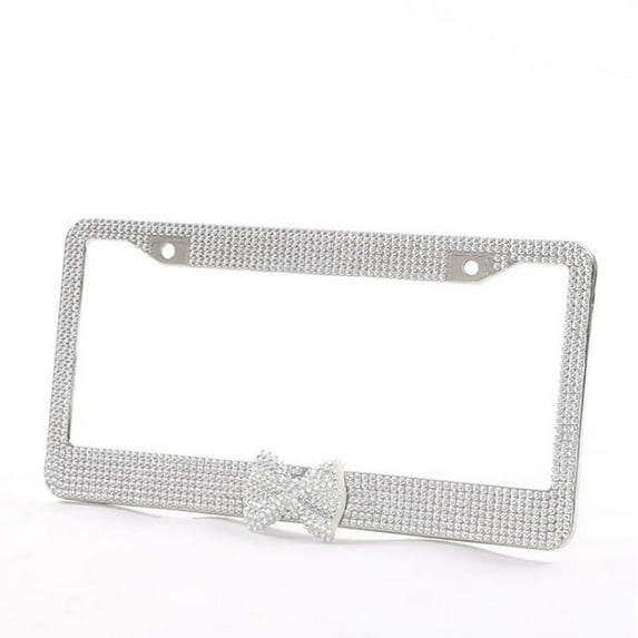 Monebena 2Pcs Bling Ladies License Plate Frame- Stainless Steel Rhinestone License Plate Protector (White+White Bow) M01