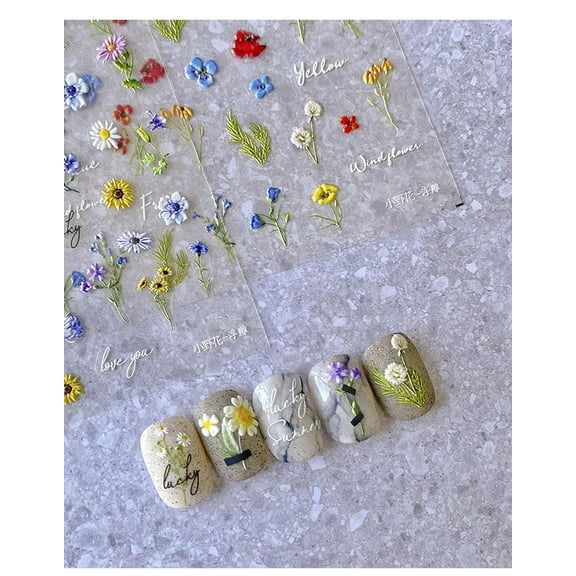 Monebena 2Pcs Spring Flower Nail Stickers - Dimensional Relief Colorful Flower Nail Decals Self-Adhesive Sunflowers Lavender Daisy Nail Art Stickers Elegant Back Glue Nail Accessories for Women Girls