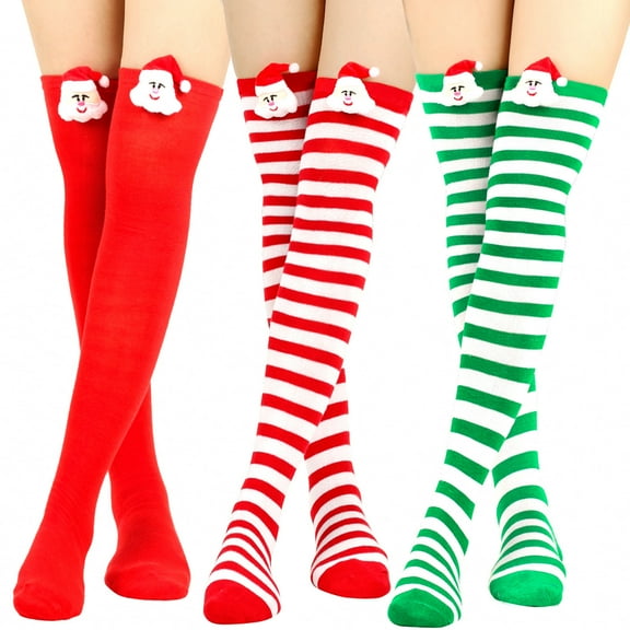 Monebena 3 Pairs Christmas Striped Thigh High Socks Women Long Striped Socks High Stockings for Women and Girls M01