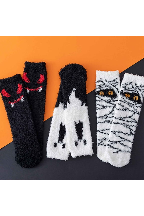 3 Pairs Halloween Socks For Women Ghost Scary Spider Coral Fleece Soft Socks Winter  Socks M01